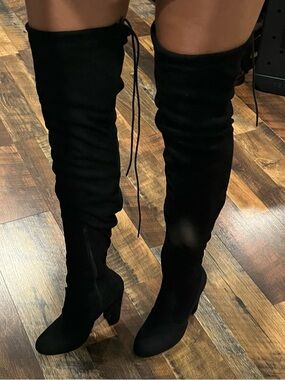 Black Over-the-Knee Suede Block Heel Boots - Women's